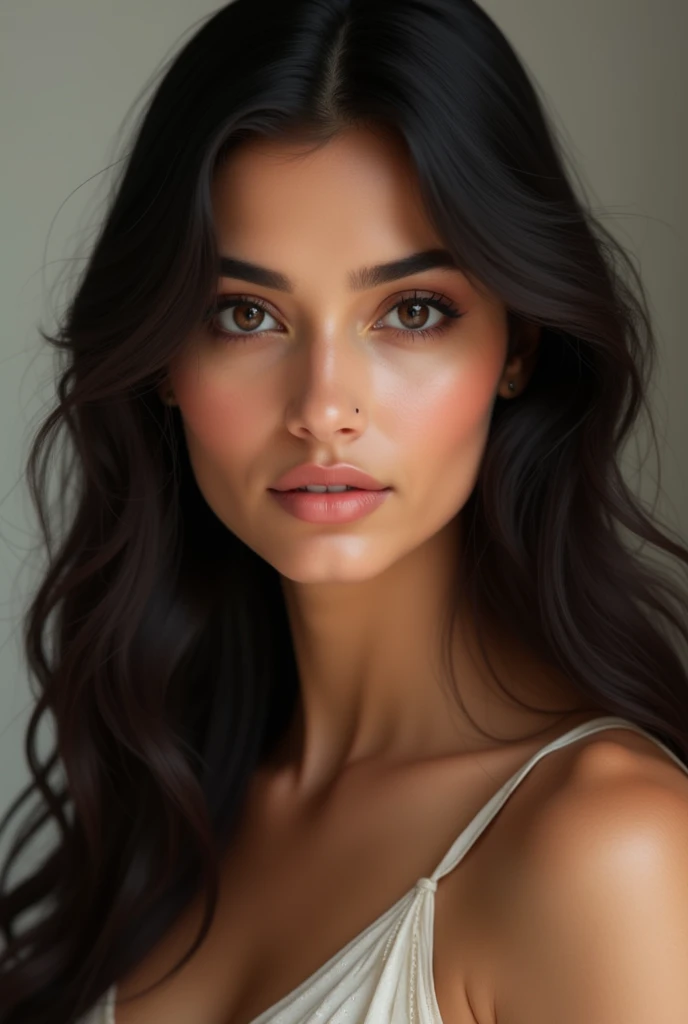 almond-shaped brown eyes, fair skin, very long and straight-wavy hair, a heart-shaped face, full lips, a defined jawline, a straight nose, well-groomed eyebrows, a light skin tone, and standard indian eyelids, dark brown eyes
