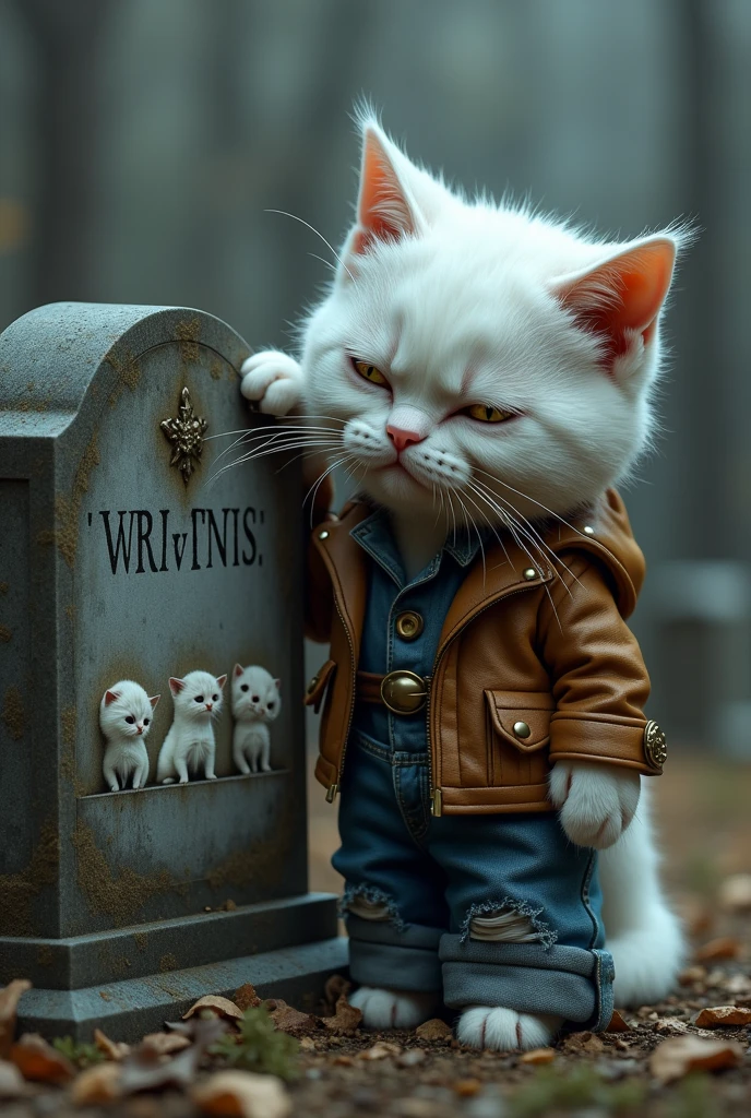 A white cat dressed in brown jacket with studs and blue tattered jeans crying and weeping near the grave with picture of three white kittens engraved on grave