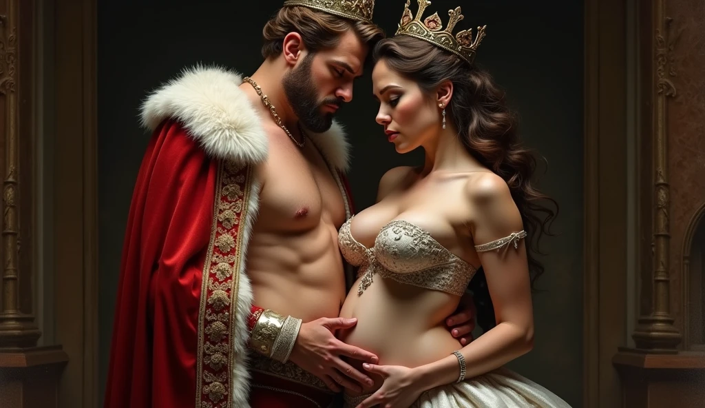 I have made an image of a King and Queen in which the King and Queen are standing in the Kamasutra abstinence and their eyes are bad and the Queen's breasts are thick and raised. One hand of the King is on the Queen's breast and the other hand is placed on the Queen's vagina.