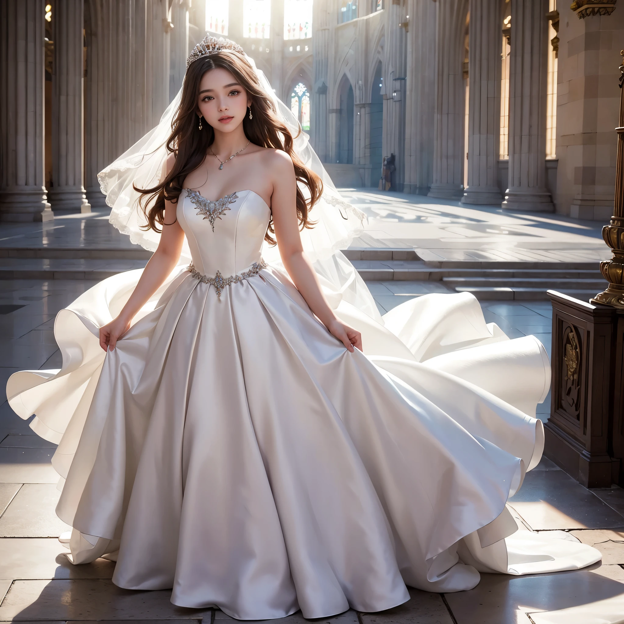 best quality, masterpiece, 1 girl, long hair, A huge laugh, cute , shiny lips, sweet, sun glare, Conservative attire, wedding dress, Bridal Tiara, depth of field, blurred background, Cathedral Background, light particles, strong wind, head tilt