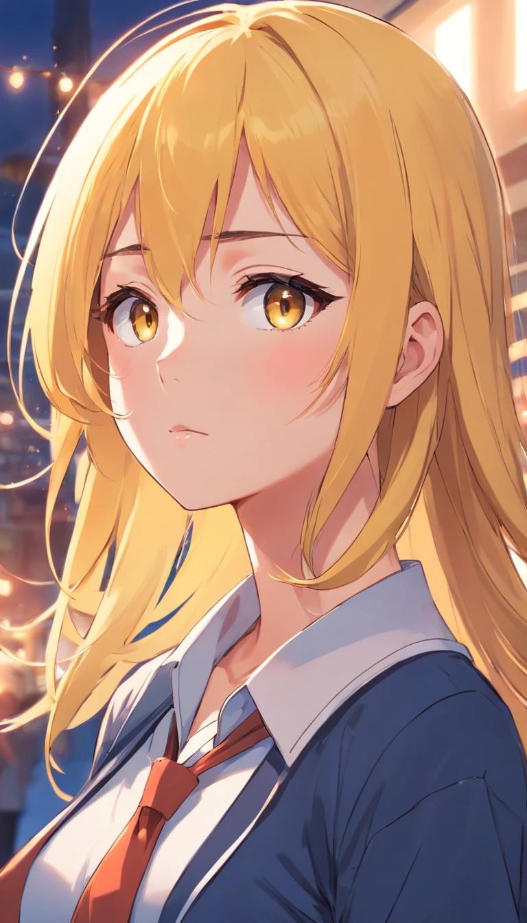 Manhwa Art, Female, Cute and Beautiful Features, Tall, Hot and Sexy, Yellow hair, Background School, School Uniform, Seductive looks,Front Profile, looking like she's anooyed in someone but is actually interested 