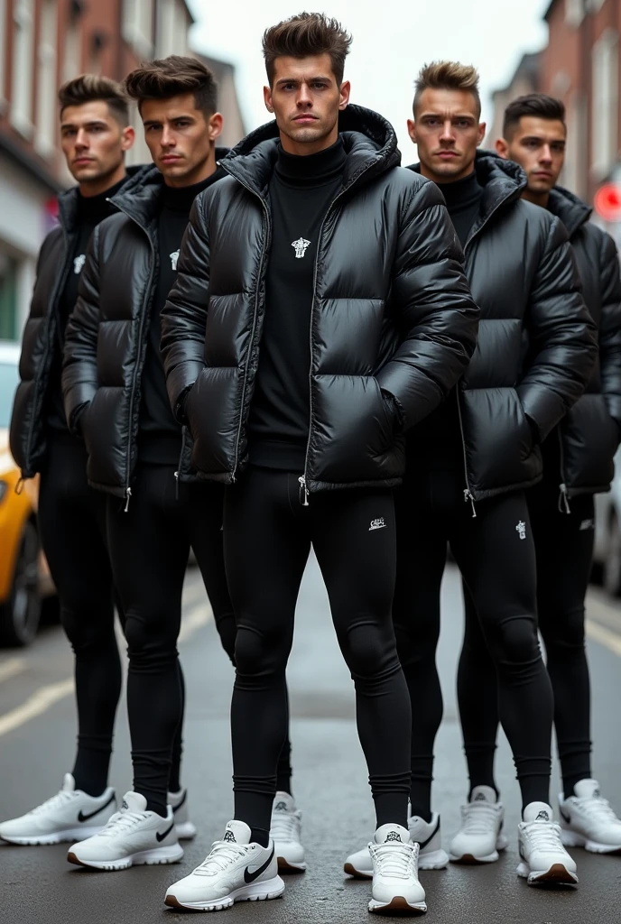 Full size, full body, group of hunks in skinny black rubber outfit with chav haircut and black shiny puffer jacket, ankles free, white Nike sneaker