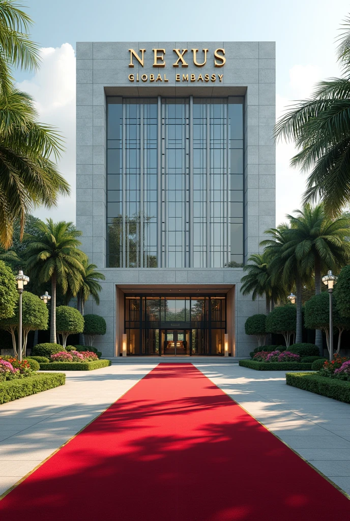 An image of a Corporate embassy put the words Nexus Global Embassy I want it to have the words Nexus Global Embassy on a concrete.The building has its own compound that is extremely developed with grass, trees and flowers Singaporean architecture expose the words Nexus Embassy with red carpets covering the whole entrance