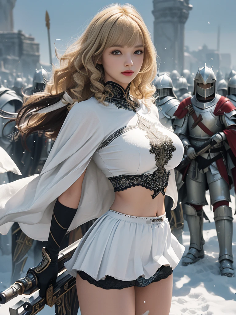 Very beautiful woman、Slender women、(Detailed face)、Realistic Skin、((holy knight)), ((Pearl White Armor))、((((Black armor with very fine and intricate decoration:1.1))))、((Delicate photo)),(Girl Astepeace RAW Photo Details:1.25), (highest quality:1.6), (超A high resolution:1.5), (Realistic:1.75), 8K resolution, Canon EOS R5, 50mm, Absurd, Ultra-detailed,Cinema Lighting,((battlefield))、((battle))、(((White skirt with embellishments)))、Thigh-high socks、Shin Guards、((Blonde))、((Curly Hair))、((Drill Hair))、((Wavy short hair with bangs,))、Get six-pack、Cape、Beautiful Armor、(((Has a huge weapon)))、(In combat)、The wind is blowing、((Symmetrical Armor))、((((Blizzard))))、(((Leading a large group of knights:1.2)))、Banner、(((Battle Scene)))、((nsfw:1.2))、(((I can see her panties:1.4)))、、((windy SkirtLift))