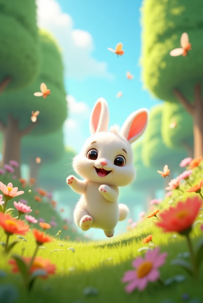 In 3d animation story "A cute, small bunny named TukTuki with soft white fur and big, curious eyes, playing joyfully in a lush, green forest. The bunny is surrounded by colorful flowers, butterflies, and tall trees. The background shows a bright, sunny sky with a few clouds."