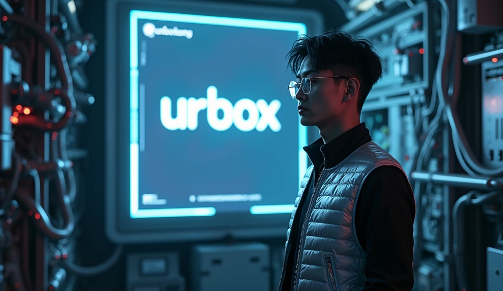 Asian male character stands in front of a square hologram logo with the words "UrBox", waiting for a sign of connection. Outfit: Silver tech vest, glasses. Setting: Narrow space, street full of robots and wires. Lighting: Cold blue and purple light fills the space. Effects: Large screen glows with a slight glitch effect. Special: Feeling of tension, waiting for change.