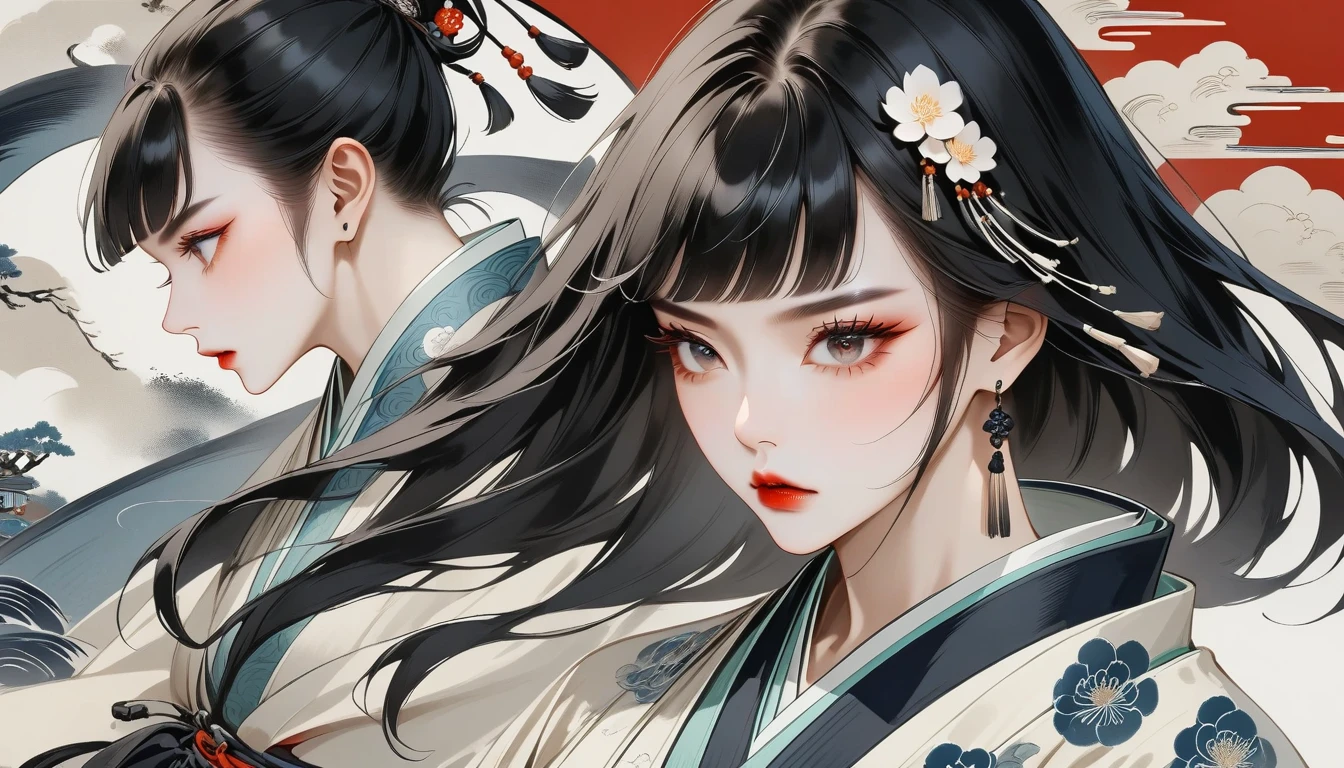 Ukiyo-e、Kimono dress,Black Hair、Blunt bangs、warrior、Japanese sword, face, Modern design, 1 female
