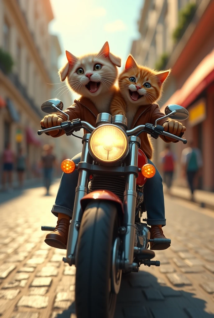 Type: Ultrarealistic
Subject: A Labrador-type dog and a cat riding together on a speeding motorbike. The dog is in the driver's seat, gripping the handlebars firmly, while the cat is perched behind the dog, holding onto its waist. Both animals have their mouths open in a mix of awe and concern, as they experience the thrill of the ride. The wind is rushing past them, ruffling their fur and adding to the sense of speed and excitement. Their expressions are a perfect blend of being impressed by the speed and a little worried about the ride.
Environment: A lively urban street with blurred buildings and pedestrians in the background, enhancing the sense of motion and speed. The cobblestone street reflects the sunlight, adding a warm glow to the scene. The environment is vibrant and full of life, with the focus on the animals’ expressions and the motion of the motorbike.
Art Style: Photorealistic with detailed textures on the dog’s fur, the cat’s fur, the leather jackets, and the motorbike. The scene should convey a strong sense of speed and dynamic movement.
Lighting: Bright, natural daylight that highlights the motion and the details of the characters and their surroundings, with soft shadows to create depth and realism.
Camera: Front-facing action shot, focusing on the dog and cat’s expressions as they ride the motorbike, with the background slightly blurred to emphasize speed.
Resolution: 4K, high-definition, capturing the fine details of their fur, the motorbike, and the urban environment.

{Ultrarealistic Labrador and cat on a speeding motorbike, dynamic urban setting, photorealistic, high-definition, action shot}
