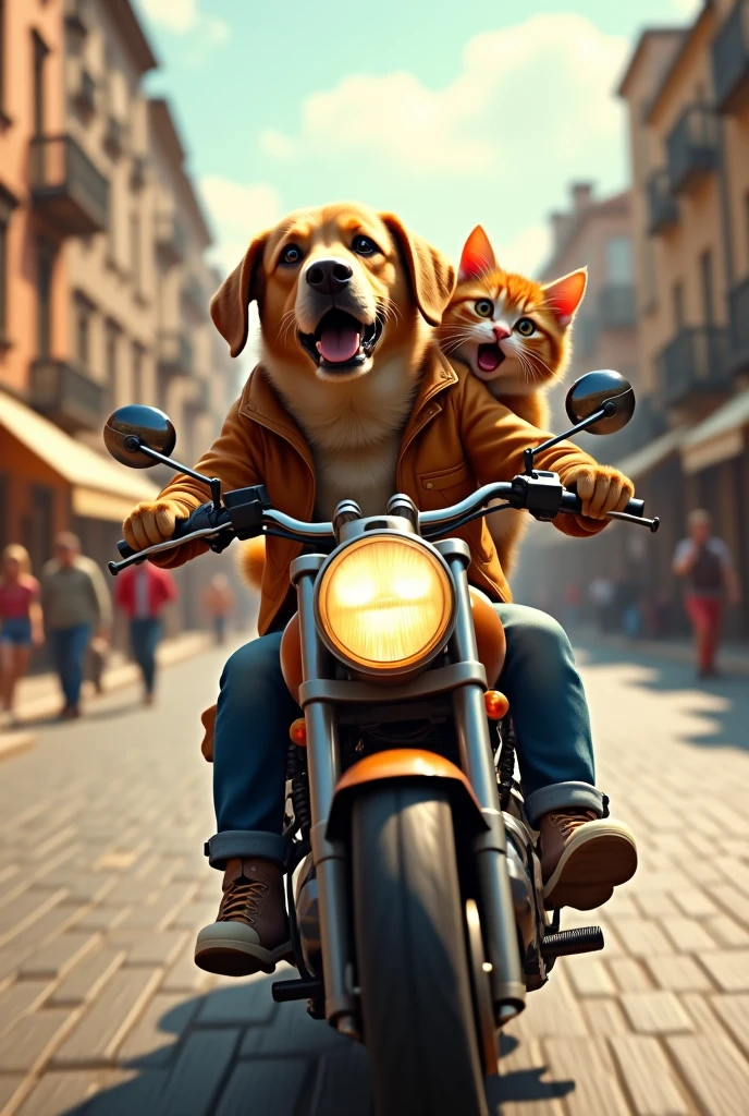 Type: Ultrarealistic
Subject: A Labrador-type dog and a cat riding together on a speeding motorbike. The dog is in the driver's seat, gripping the handlebars firmly, while the cat is perched behind the dog, holding onto its waist. Both animals have their mouths open in a mix of awe and concern, as they experience the thrill of the ride. The wind is rushing past them, ruffling their fur and adding to the sense of speed and excitement. Their expressions are a perfect blend of being impressed by the speed and a little worried about the ride.
Environment: A lively urban street with blurred buildings and pedestrians in the background, enhancing the sense of motion and speed. The cobblestone street reflects the sunlight, adding a warm glow to the scene. The environment is vibrant and full of life, with the focus on the animals’ expressions and the motion of the motorbike.
Art Style: Photorealistic with detailed textures on the dog’s fur, the cat’s fur, the leather jackets, and the motorbike. The scene should convey a strong sense of speed and dynamic movement.
Lighting: Bright, natural daylight that highlights the motion and the details of the characters and their surroundings, with soft shadows to create depth and realism.
Camera: Front-facing action shot, focusing on the dog and cat’s expressions as they ride the motorbike, with the background slightly blurred to emphasize speed.
Resolution: 4K, high-definition, capturing the fine details of their fur, the motorbike, and the urban environment.
{Ultrarealistic Labrador and cat on a speeding motorbike, dynamic urban setting, photorealistic, high-definition, action shot}
