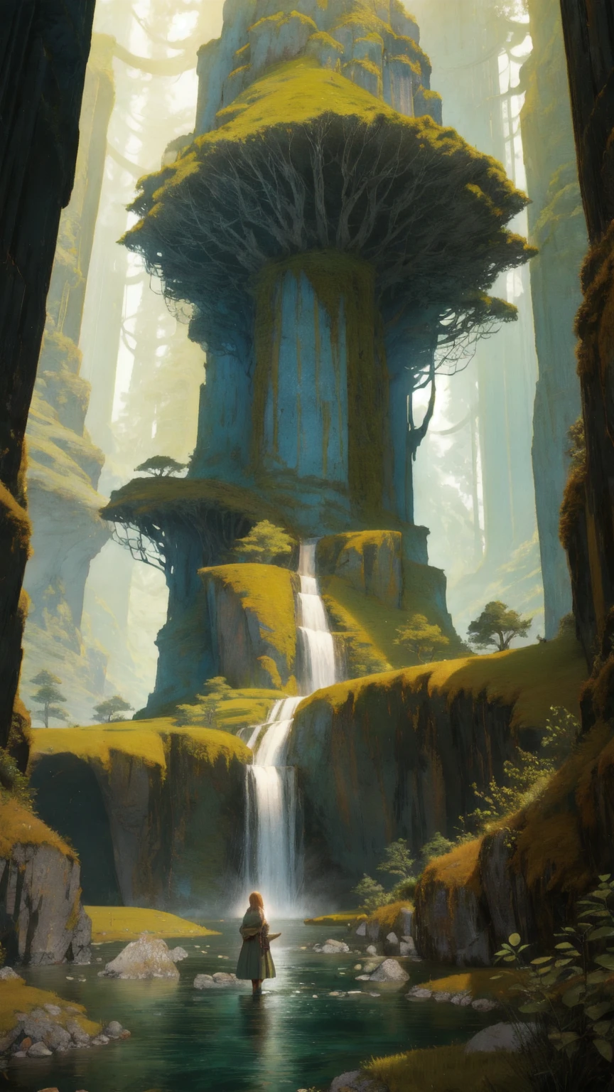 A colossal, majestic figure of a beautiful cute girl made of stone, covered in moss and plants, standing strong and resolute. The scene is set in a surreal, otherworldly environment with towering rock formations and a calm river. The character represents 'Mt. Gox Survivors,' symbolizing resilience and endurance. The entire background is strictly brown, with earthy tones dominating the landscape, creating a rich and warm atmosphere that highlights the ancient, timeless feel of the scene.