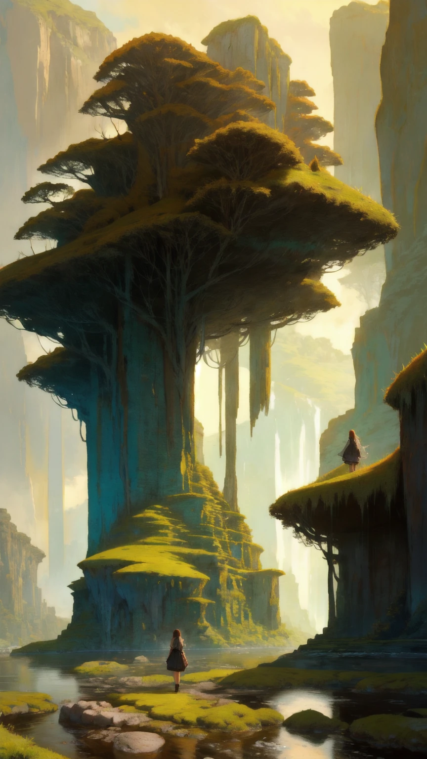 A colossal, majestic figure of a beautiful cute girl made of stone, covered in moss and plants, standing strong and resolute. The scene is set in a surreal, otherworldly environment with towering rock formations and a calm river. The character represents 'Mt. Gox Survivors,' symbolizing resilience and endurance. The entire background is strictly brown, with earthy tones dominating the landscape, creating a rich and warm atmosphere that highlights the ancient, timeless feel of the scene.