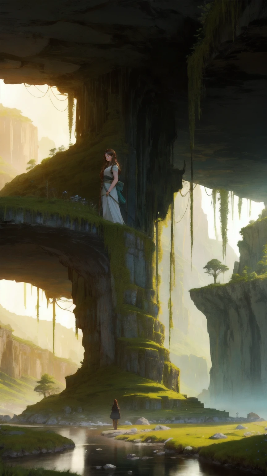A colossal, majestic figure of a beautiful cute girl made of stone, covered in moss and plants, standing strong and resolute. The scene is set in a surreal, otherworldly environment with towering rock formations and a calm river. The character represents 'Mt. Gox Survivors,' symbolizing resilience and endurance. The entire background is strictly brown, with earthy tones dominating the landscape, creating a rich and warm atmosphere that highlights the ancient, timeless feel of the scene.