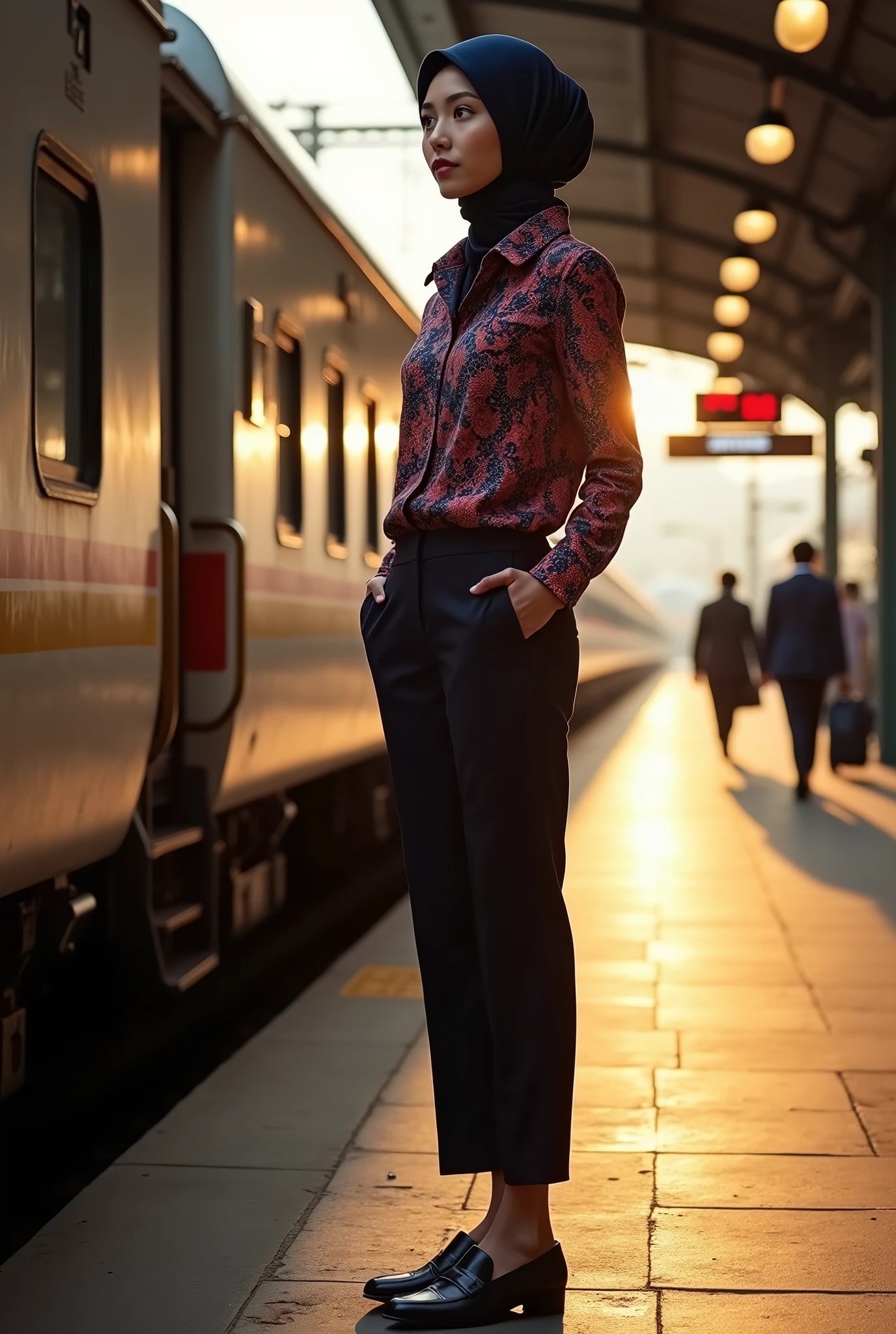 "A candid photo of a confident Asian train flight attendant, adorned in a navy hijab, a vibrant batik-patterned shirt, matching dark trousers, and polished loafers, standing beside a stationary train. The early morning sun casts warm, dramatic light on the bustling train station, creating long shadows and a sense of movement. Capture the interplay of light and shadow, inspired by the Benj Villena effect, to emphasize the attendant's elegance and the dynamic atmosphere of the station."