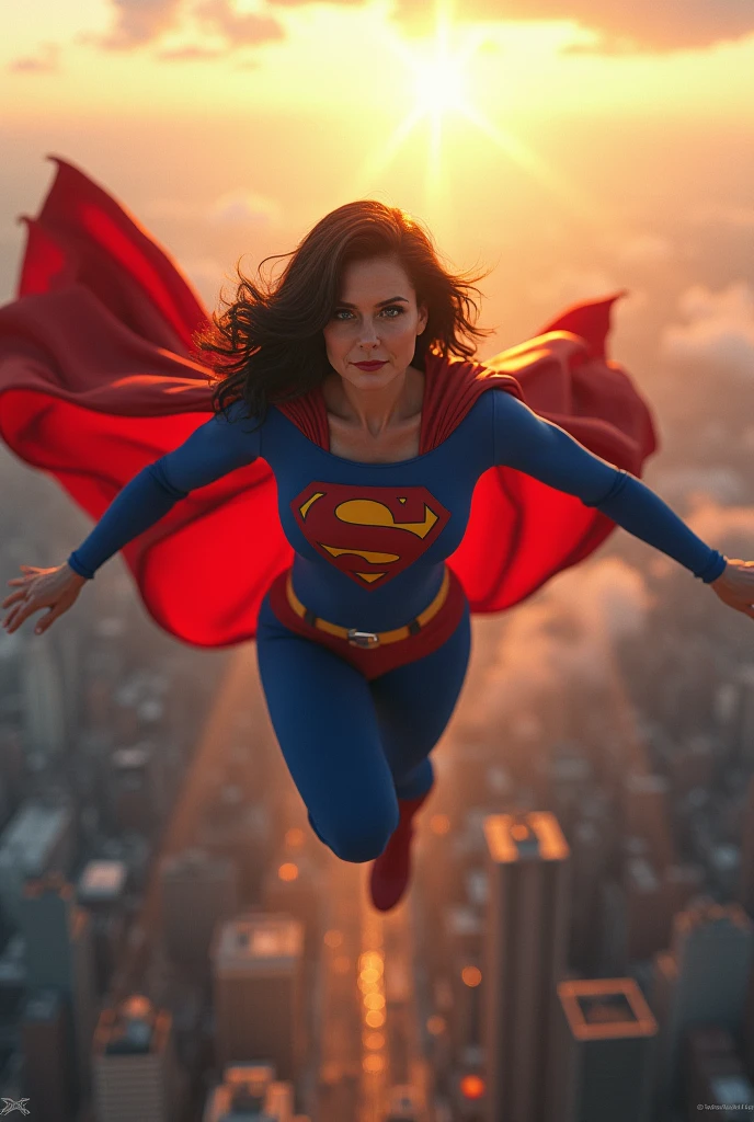 (((very beautiful old Supergirl (((1980s Superman costume))) Julie Hagerty(((dark-haired, large-breasted woman in her 50s)))) Super woman Julie Hagerty; , floating high above the city, sunlight streaming through the clouds, dramatic pose, cinematic lighting, colorful cityscape below, gritty urban environment, intricate details, hyper-realistic, 8k, cinematic, dramatic, grandiose, superhero, flying, cape flowing, muscular, confident, powerful, determined expression, glowing eyes, lens flare, volumetric lighting, cinematic camera angle, dramatic shadows and highlights, photorealistic, vibrant colors, highly detailed, masterpiece
