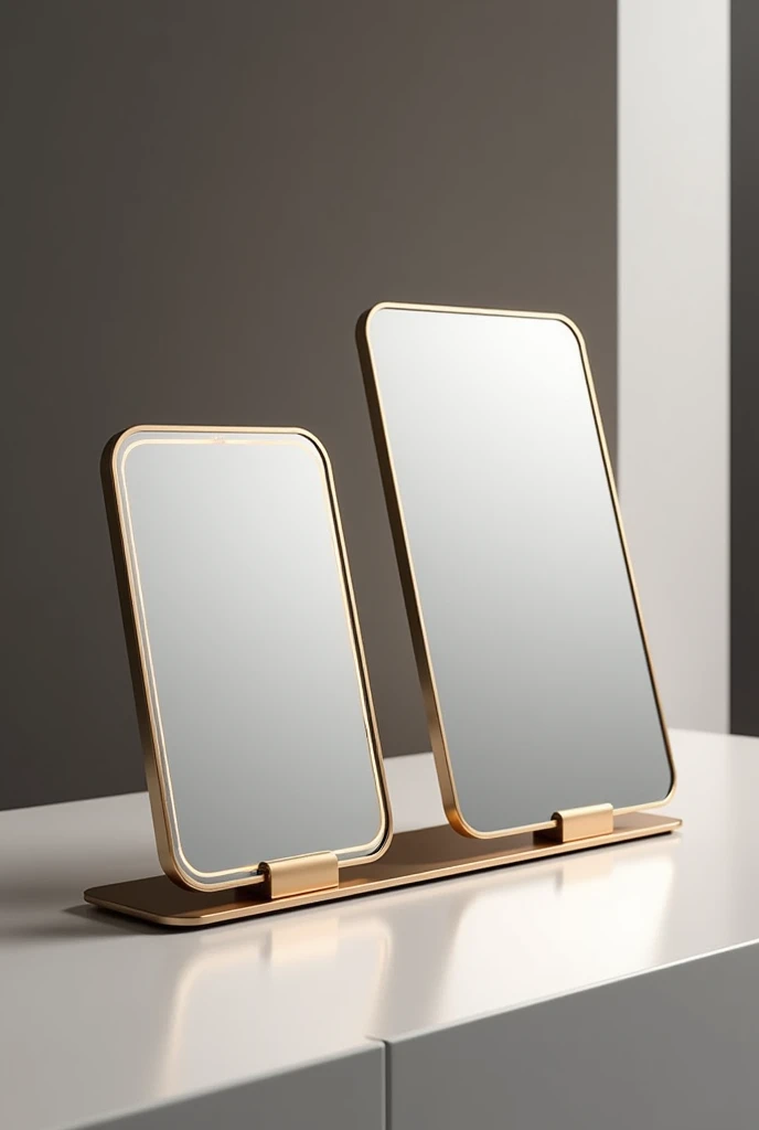 Create three tablet-shaped tabletop mirrors, the mirrors are connected to each other laterally as if they were three tablets next to each other and the middle mirror has an LED on the edges