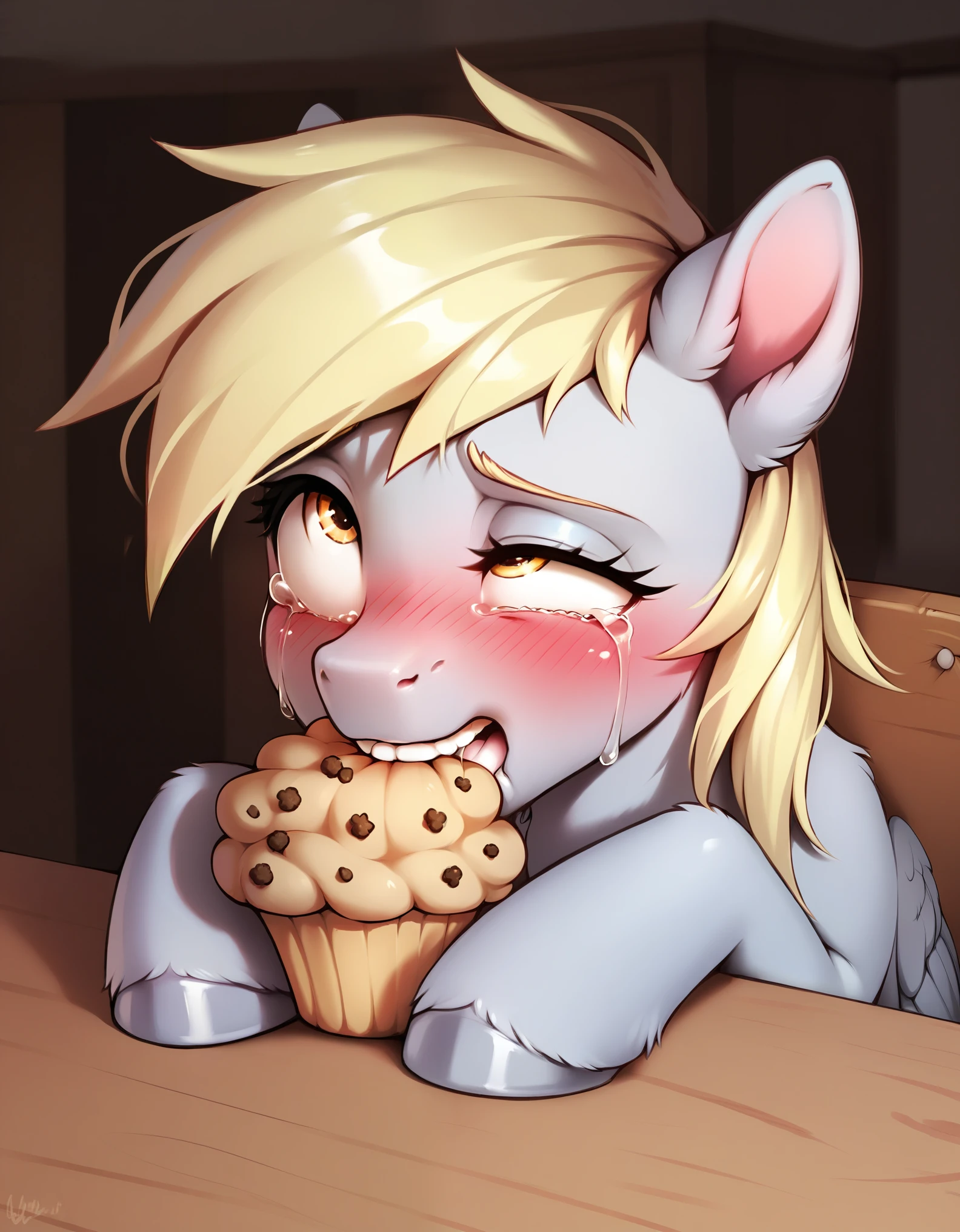 rating_explicit, score_9, score_8_up, score_7_up, pony, feral, Derpy Hooves, cross-eyed, uneven eyes , embarrassed expression, biting her lower lip, eating muffin, trying to hold it in, muffin on the table, blush, rolling eyes, tears, indoors, detailed, realistic, BREAK, full body