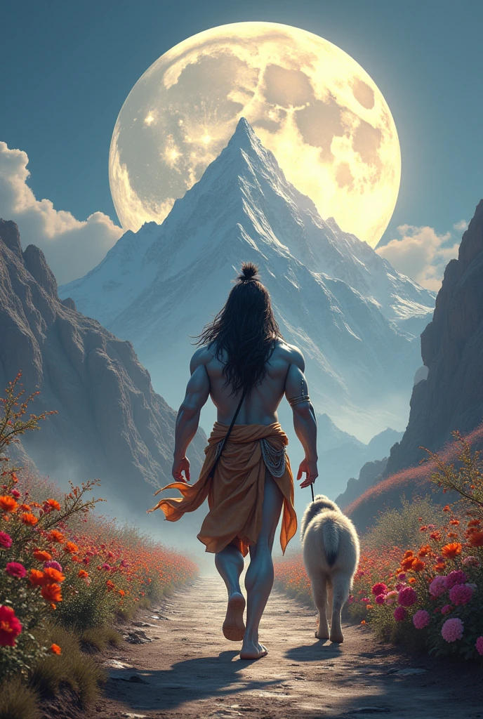 Lord shiva walking on the path way of kailash Lord nandi is behind him and the path is beautiful, bloomed with flowers of different colors the the full moon is behind the Lord shiva is also beautiful the radient light of moon highlights the muscular body of Lord shiva the body was at the peak of the macular form yet his face was calm and his posture was composed.