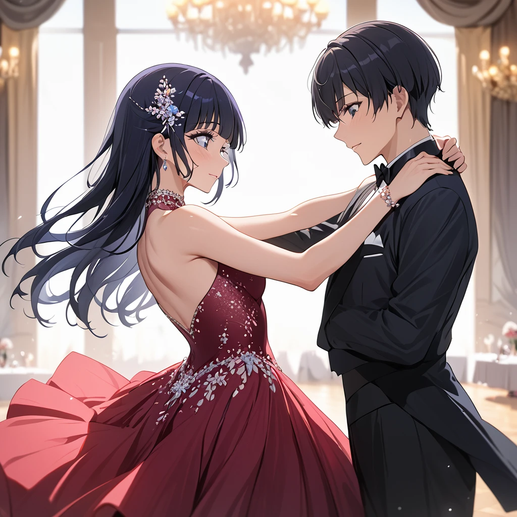 ((Highest quality)), ((masterpiece)), (detailed), (Perfect Face)、The woman is Reika Aoki with semi-long hair、A woman is wearing a ballroom dance costume at a ballroom and dancing gracefully and beautifully.