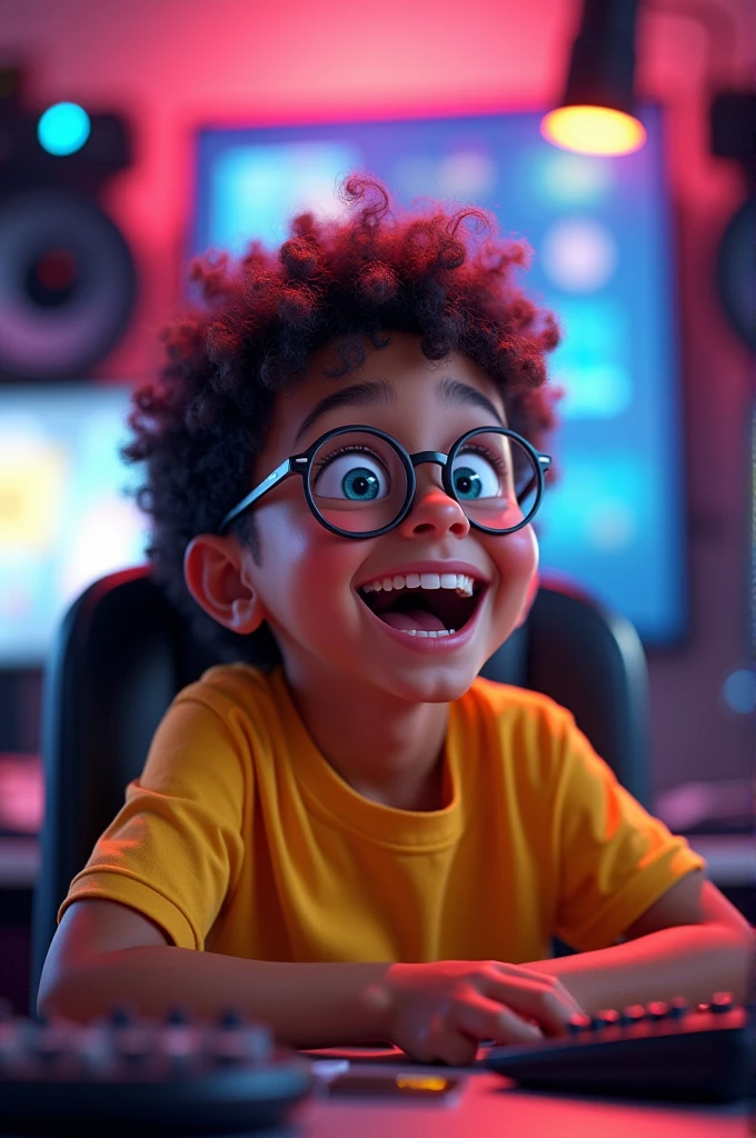 Close-up of a boy with a yellow shirt and glasses,
beaming with excitement and exuberance, seated in his
YouTube studio, surrounded by high-tech equipment,
illuminated with neon lights, thumbnail design graphic,
futuristic colorful, Disney Style, ultra-realistic, cyberpunk