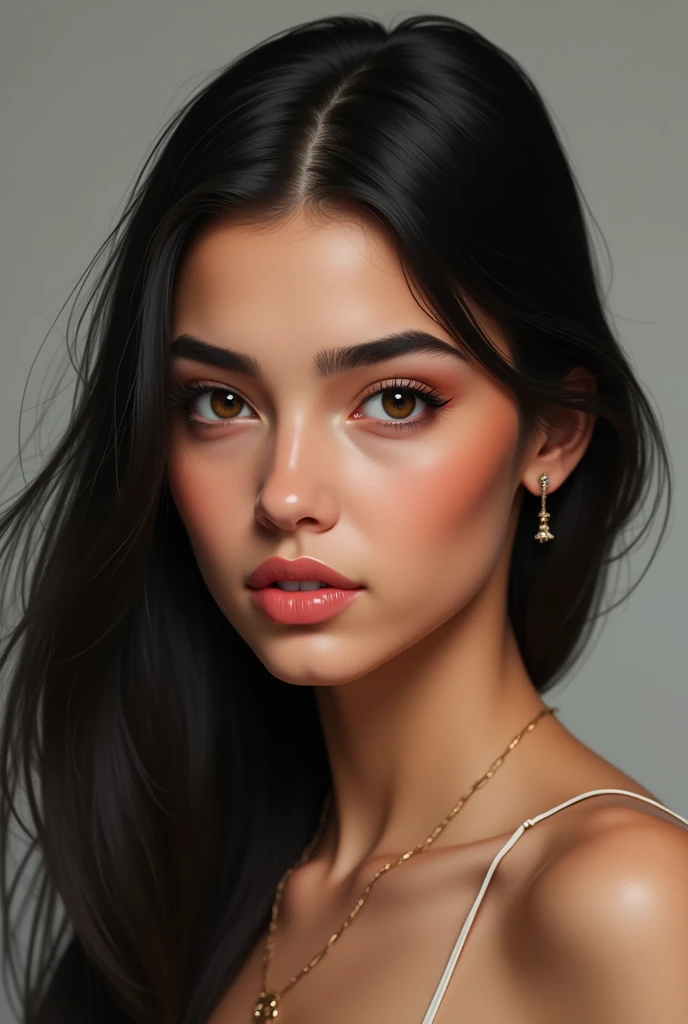Ultra realistic portrait of a young Algerian woman aged 19, 1.58 metres tall, with straight hair and well-made-up, who looks naughty