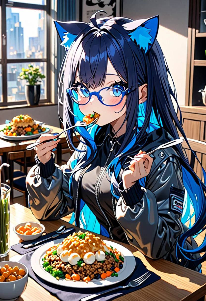 8K Ultra High-Quality, ultra-detailed, High quality, 2, Dark Blue hair, Neon Blue Inner layer hair, Long hair, Cat ears, jacket, glasses, full body, dining table, eating food, holding a fork