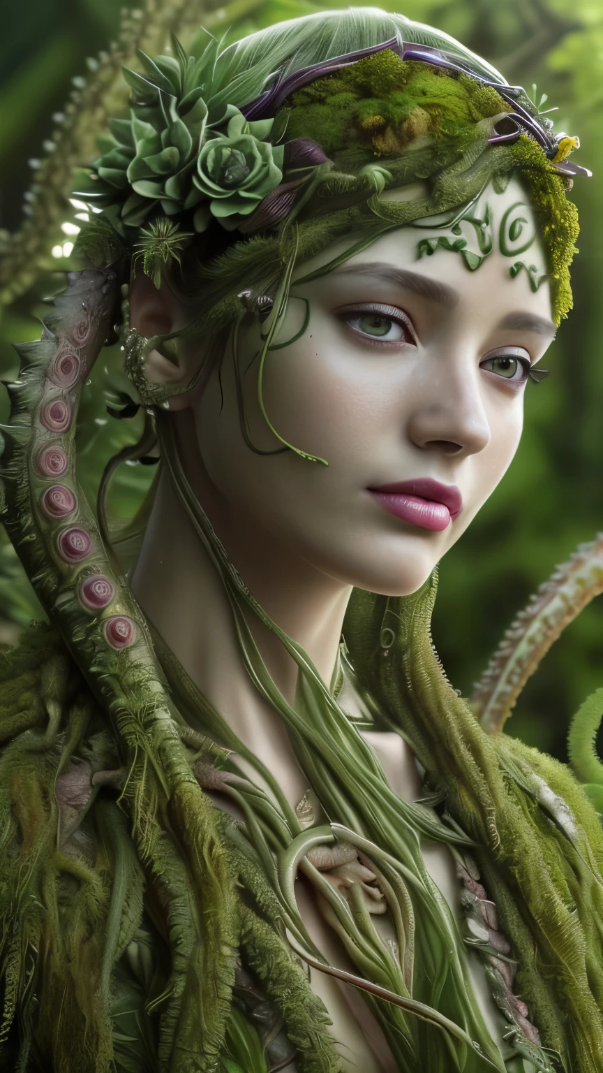 (((human/plant hybrid))), ((best quality)), ((masterpiece)), ((realistic)), (detailed), photorealism:1:1, hyper-realistic, luscious lips, (cinematic, hyperdetailed, (((plant creature))), (((tentacles))), stalks, (((flower buds))), thorns, cyborg, futuristic robot, battle angel, hard lighting, beauty, vibrant colors, moss, green skin,rich vegetation),