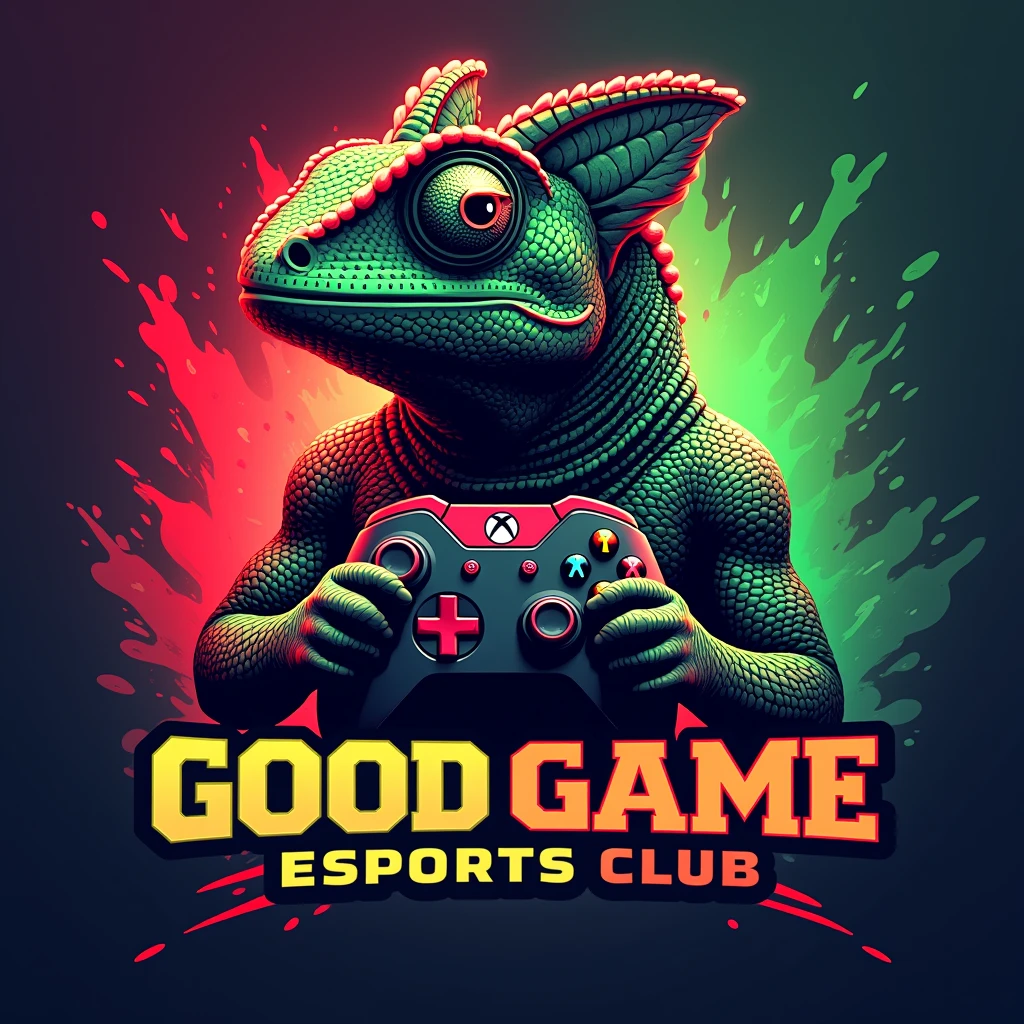 An advert for the GOOD GAME ESPORTS CLUB featuring a chameleon holding an xbox controller. the colours should be black red and green the background should be vibrant and dynamic and text should include "GOOD GAME ESPORTS CLUB" "Ages 10+" "£70" "Limited availablity" "Learn the fundamentals of competitive gaming in just 7-weeks"