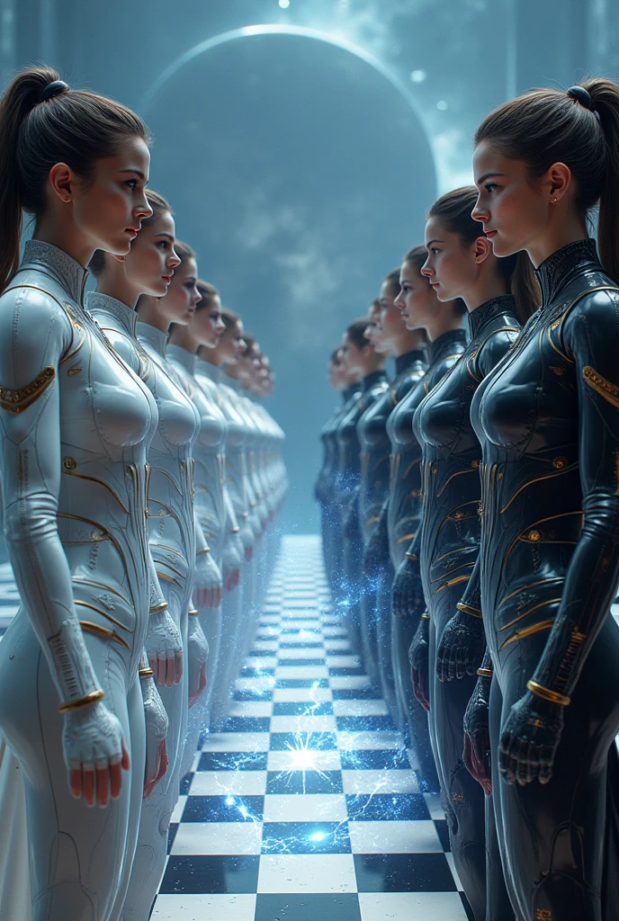 space chess, start of the game. 4 girls on each side in armor. Ready for battle. detailing of space, detailing girls, sexually, Grandly, Weapon detailing. White and black armor. Superpowers in girls.
