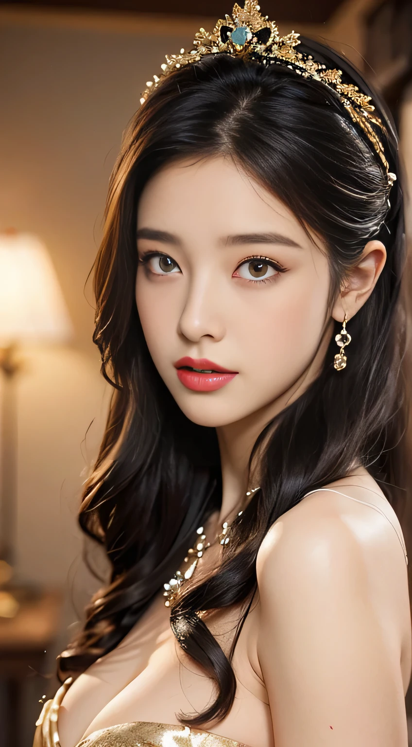 High-quality work,Realistic works,Super premium graphics,8K HD CG works,high quality graphics,High-definition and exquisite CG works,10x pixels,Ultra-fine details:1.1,Advanced technical details:1.1Realistic photo effects,Interior lighting effects:1.5,natural soft light:1.5. Light effect(Virtual light effects:1.8),ultra high resolution,shining dress,sliver long hair,silber hair,transparenthair,high detailed hair(Quality hair details:1.1)Clear eyes,Double eyelids look good,Sharp eye makeup, Create exquisite eyelash makeup, tthin eyebrows, Ultra-detailed eyes,a tall nose, lovely red lips, rosey cheeks, With delicate makeup on her face , pretty face, The face shape is perfectly proportioned,(Advanced facial details:1.1)Erect nipples, wearing a hijab , luxury hijab,crown luxury , blue eye, blond hair, around , (gold ), tmasterpiece,Best quality at best,A high resolution,8K,((Portrait)),(upper body),Original photo,real photograph,digital photography,(Female princess in the medieval fantasy style), sexy princess ,blue eye, super colossal breast, round colossal breast ,open kissing lips,Keep your mouth shuegant and charming,((Blushing)),virgin contempt,Calm and handsome,(Medieval fantasy dress,The Beautiful super huge round breast, small waist, perfect colossal breast of princess body, a blue delicate pattern,silver Cloak),(princes medieval character medieval fantasy style,oc render reflection texture, fighting style, sexy colossal breast , medieval castle background, slim body, very small waist,, Women's artwork,Dress full body video,Realism,Amazing Cleavage,My eyes are very bright today