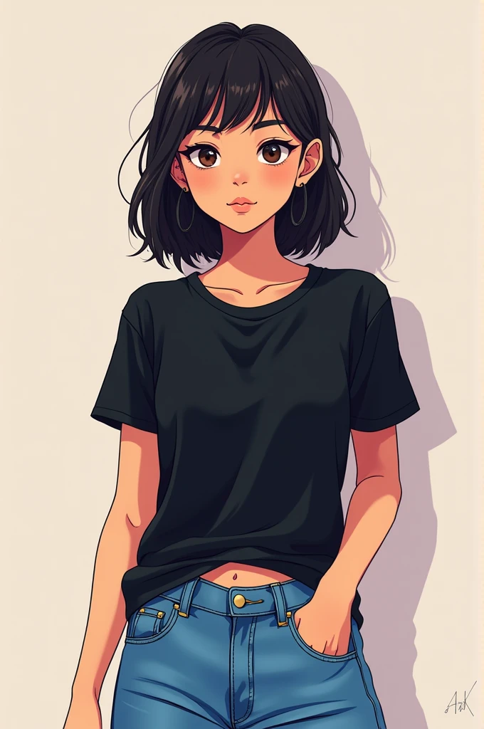 Create a image of a teenager girl wearing black tshirt and blue jeans in 2d anime style 
