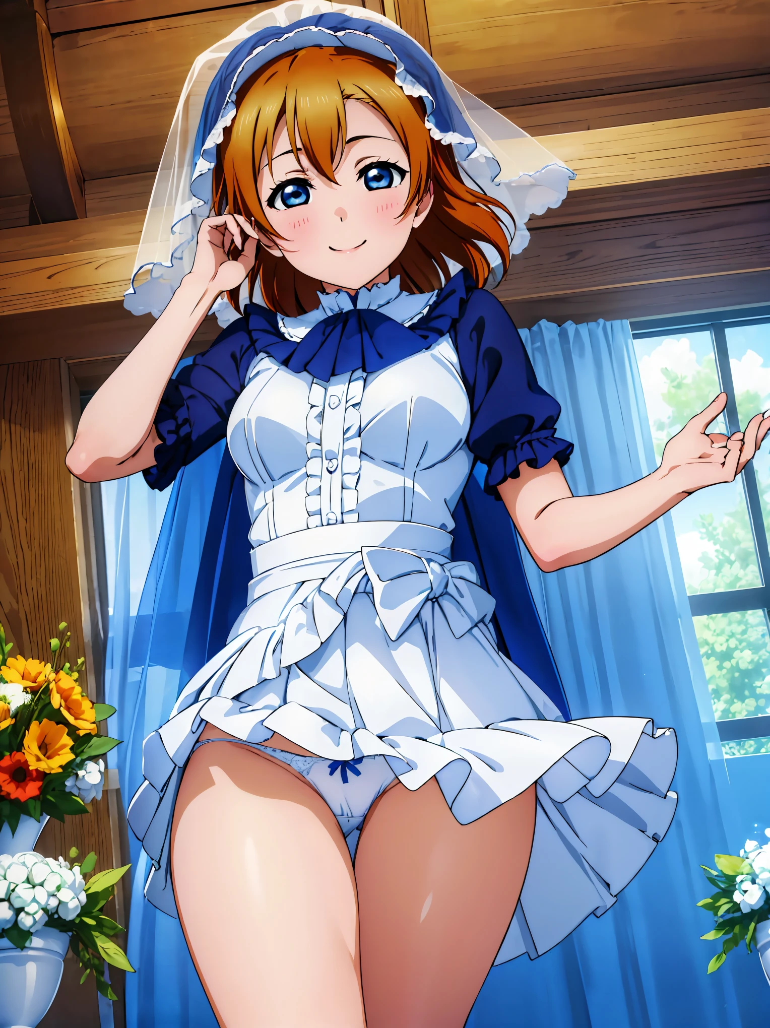 Highest quality, masterpiece, High resolution, alone, {Honoka Takasaka　lovelive:1.15}, blue eyes, Orange Hair,short hair , smile, Open your mouth,(Wedding dress)(,Veil),bouquet, break looking at viewer, whole body,(Cowboy Shot:1. 5), break indoors, Chapel,church, break (masterpiece:1.2), Highest quality, High resolution, unity 8k wallpaper, (shape:0.8), (Beautiful attention to detail:1.6), Highly detailed face, Perfect lighting, Highly detailed CG, (Perfect hands, Perfect Anatomy),:is, A little embarrassed face, (Ultra low angle), With legs apart, (skirt flipped up: 1.0),(vibrant skirt: 1.0), (detailed panties 1.3), (cotton white panties: 1.3), (Frilled Panties: 1.3), (Focus on face and panties),