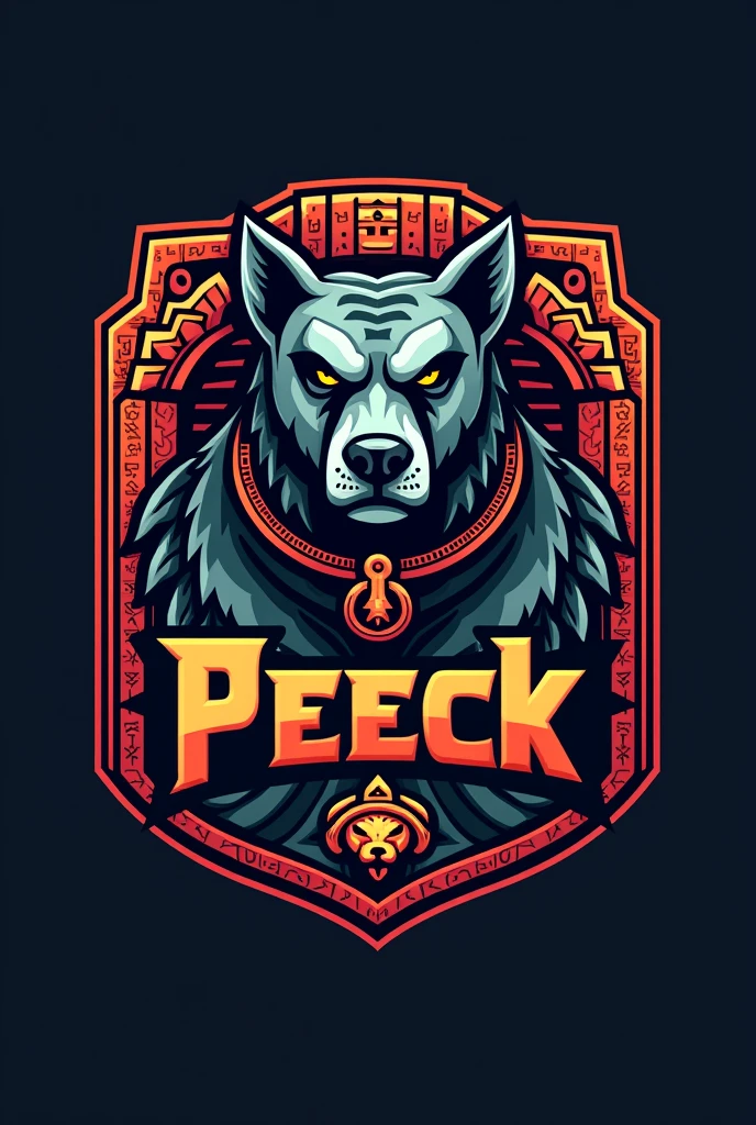 mayan style dog logo, for a sports team named Peeck that has striking colors but the dog looks imposing and that everything is surrounded by a border in the shape of a Mayan shield that has the name Peek with striking words that the border has more Aztec details that has the dog glyph that has more details of Mayan structures in the background and on the shield that has more vibrant colors that the dog has a collar with an ornament of two rings crossed between them.