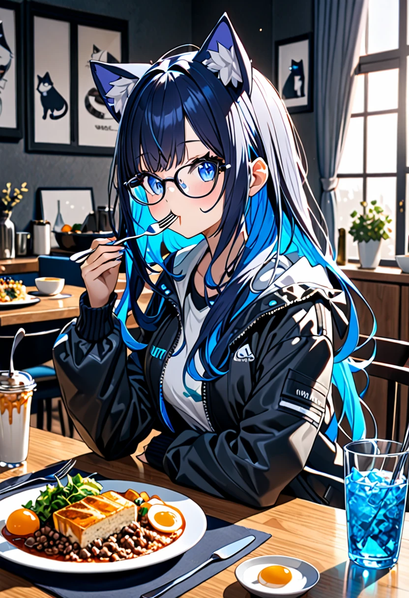 8K Ultra High-Quality, ultra-detailed, High quality, 2, Dark Blue hair, Neon Blue Inner layer hair, Long hair, Cat ears, jacket, glasses, full body, dining table, eating, holding a fork
