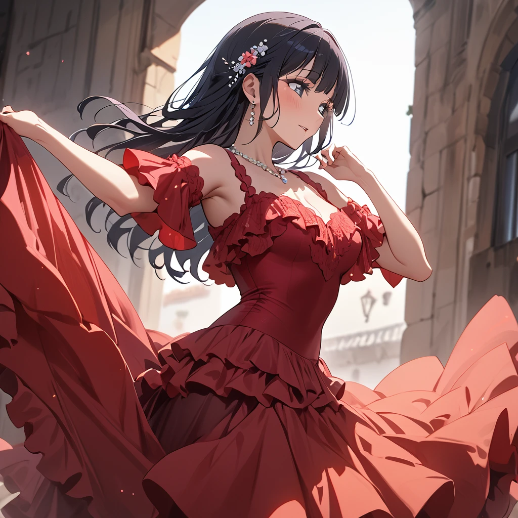 ((Highest quality)), ((masterpiece)), (detailed), (Perfect Face)、The woman is Reika Aoki with semi-long hair、Woman dancing flamenco passionately in flamenco dress in Spain