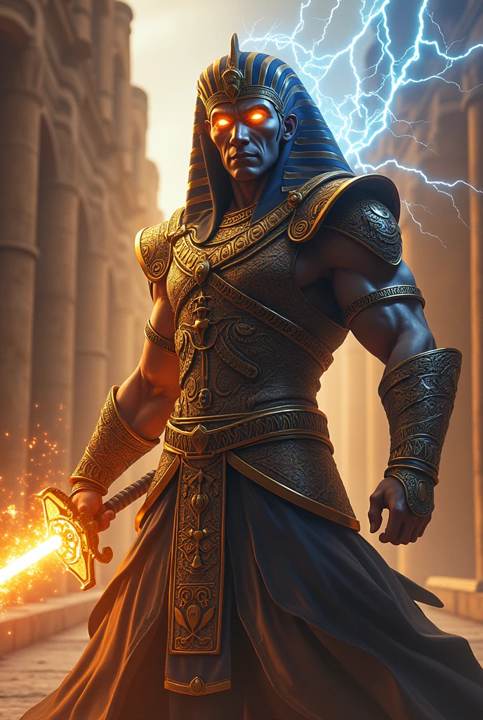 Swordman with armor and style like egypt warrior without hood and have lightning power, with flaming eyes emitting lightning
