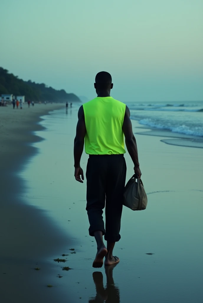 A 40-year-old dark-skinned man with an athletic build walking in the distance along the shore of a lonely beach at dusk. He is dressed in a black jumpsuit and a neon green sleeveless shirt and is carrying a small bag in his hands. 
