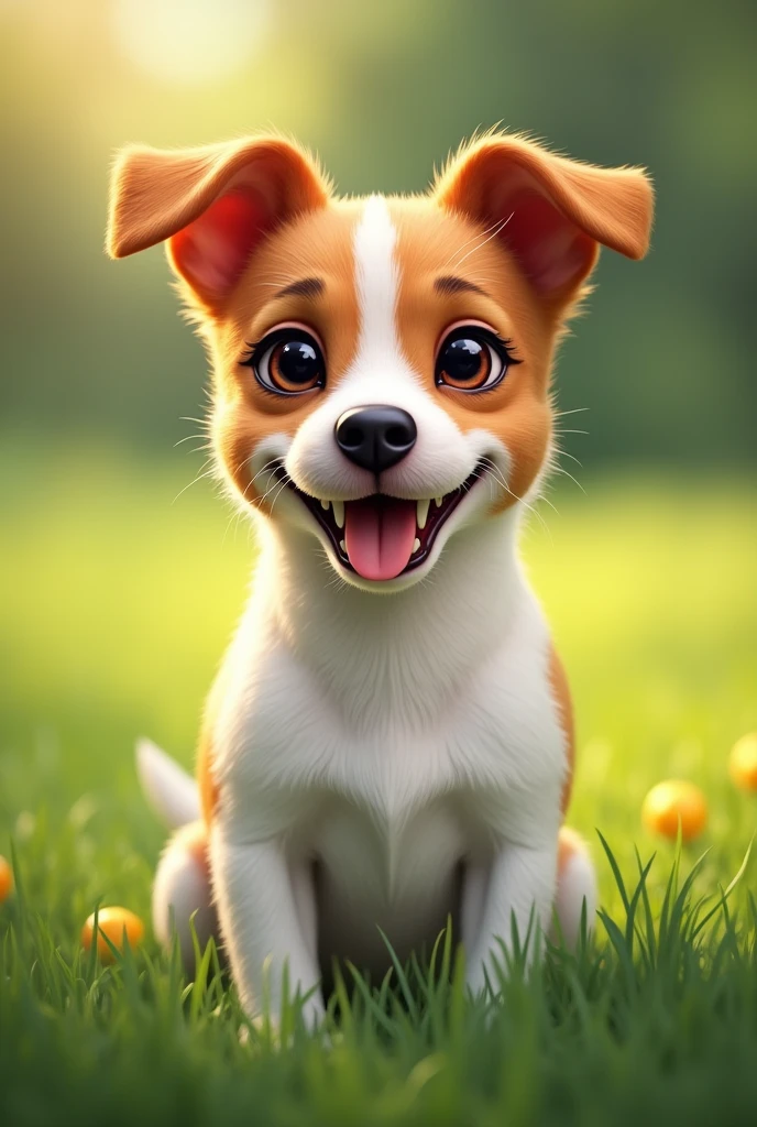 1 jack russell terrier dog, adorable furry dog, cute dog illustration, highly detailed dog portrait, realistic dog fur texture, soft warm ochre fur color, happy playful expression, outdoors grassy field background, (best quality,4k,8k,highres,masterpiece:1.2),ultra-detailed,(realistic,photorealistic,photo-realistic:1.37),vibrant colors,natural lighting,detailed facial features,long eyelashes,adorable smile,wet nose
