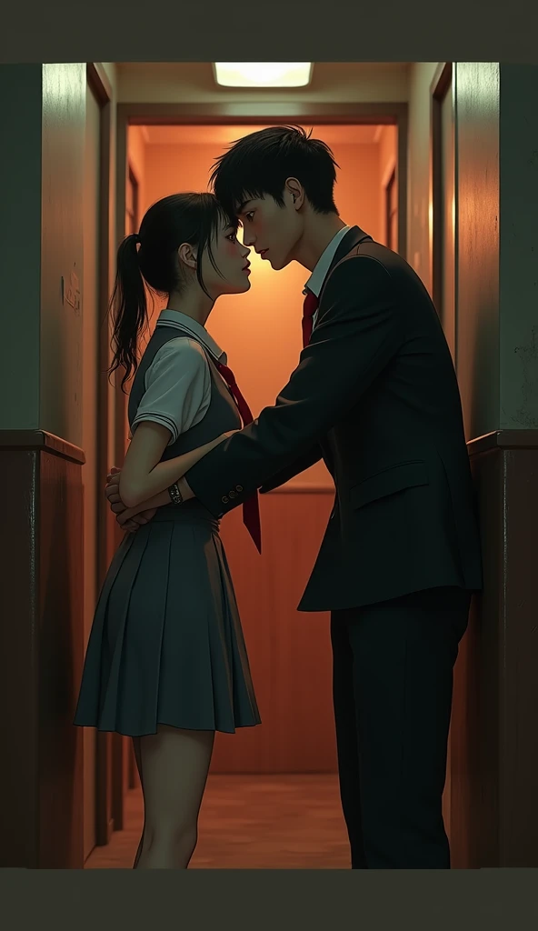 A couple at school, a girl wearing a short dress, it's morning. Moody color, sharpness, golden sunlight