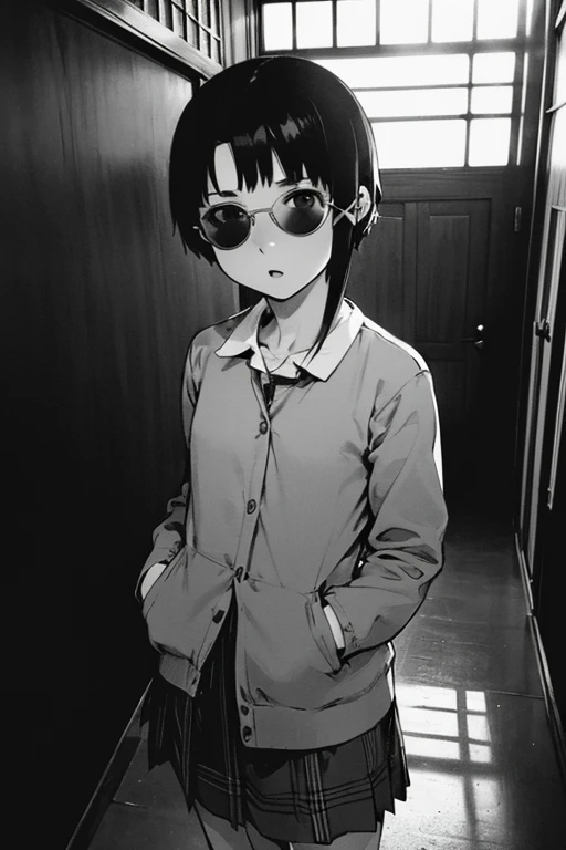 (masterpiece, Highest quality), Highest quality, ((monochrome, black and white photo)), Amazing details, Line art, Written boundary depth, Flat Shading, yoshinari yoh, 1girl, solo, ((iwakura lain)), (iwakura lain poses mannish on hallway of ruined school), (((school uniform, sunglasses))), grey jacket, green skirt, plaid skirt, Expressive eyes, Perfect Face, (skinny, flat chest, small breast), open mouth, (round stool), Art Nouveau, Bokeh, (((Anatomically correct))), 