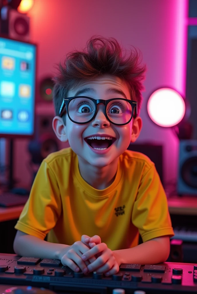 Close-up of a boy with a yellow shirt and glasses,
beaming with excitement and exuberance, seated in his
YouTube studio, surrounded by high-tech equipment,
illuminated with neon lights, thumbnail design graphic,
futuristic colorful, Disney Style, ultra-realistic, cyberpunk