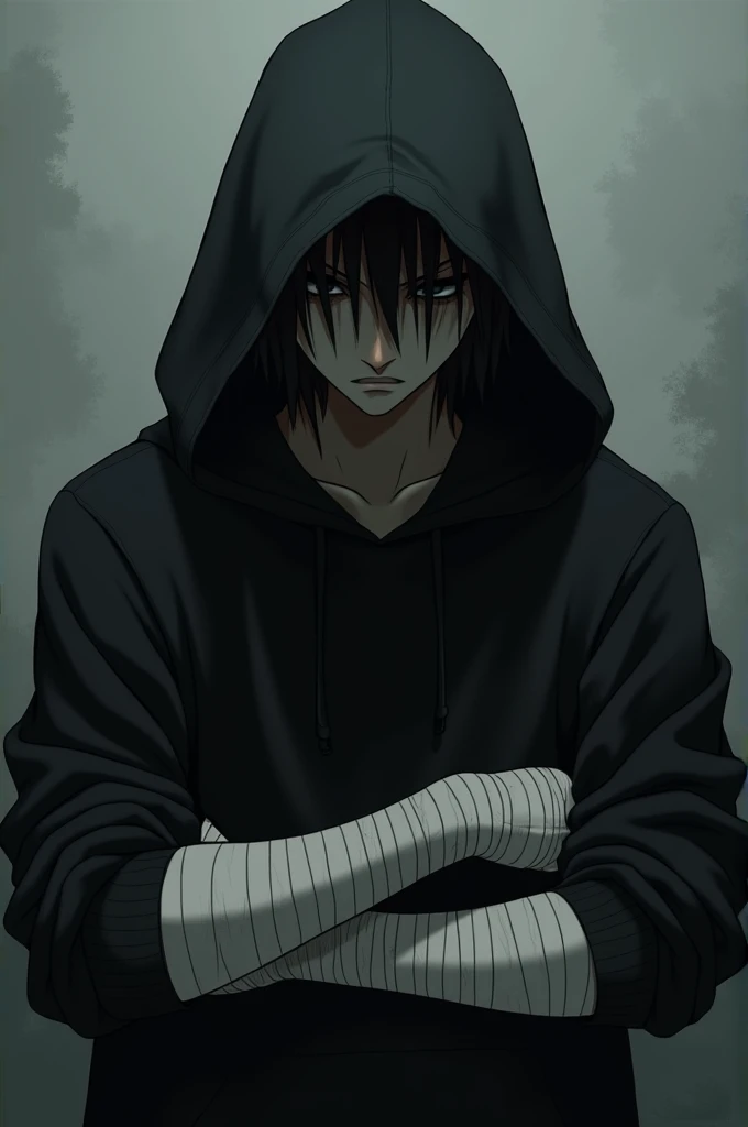 Emo anime boy with bandages all over his arms.wearing an black hoodie