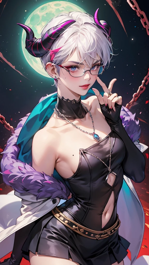 8k, masterpiece, best quality, highly detailed, 1 girl, tiefling, warlock, multicolored hair, very short straight hair green highlight hair on white hair, strippled hair, wearing glasses, round glasses, earrings, red eyeshadow, long eyelashes,navel piercing, blushed cheek, necklace, rings, collarbone, mole, glamorous, purple and teal clothing, villainy, smirk, seductive face, close up view, rings, looking at viewer, demon horns, solo, royal dress, black lace gloves, fur coat, palace, blue pale moon, sitting on throne