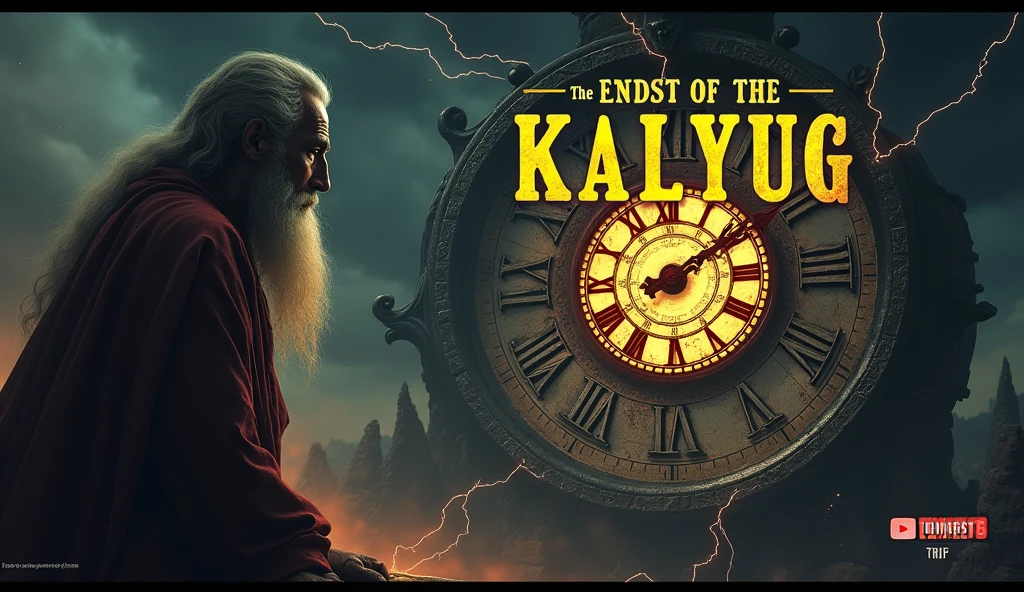 To create a YouTube thumbnail for "Kalyug Kab Khatam Ho Jayega," here's a concept:
**Description:**
- **Title Text:** Bold, large-font text saying "Kalyug Kab Khatam Ho Jayega?" at the top, in a striking yellow or red color for emphasis.
- **Background:** A dramatic scene with a mix of dark clouds, lightning, and an ancient, cracked clock, symbolizing the end of time.
- **Imagery:** An image of an ancient scripture or a mystical figure (like a sage) in the bottom corner, looking thoughtful or concerned.
- **Colors:** Use dark tones like black and dark blue for the background with bright accents for the text to create a sense of urgency and importance.
Would you like to proceed with this concept, or do you have any specific adjustments in mind?