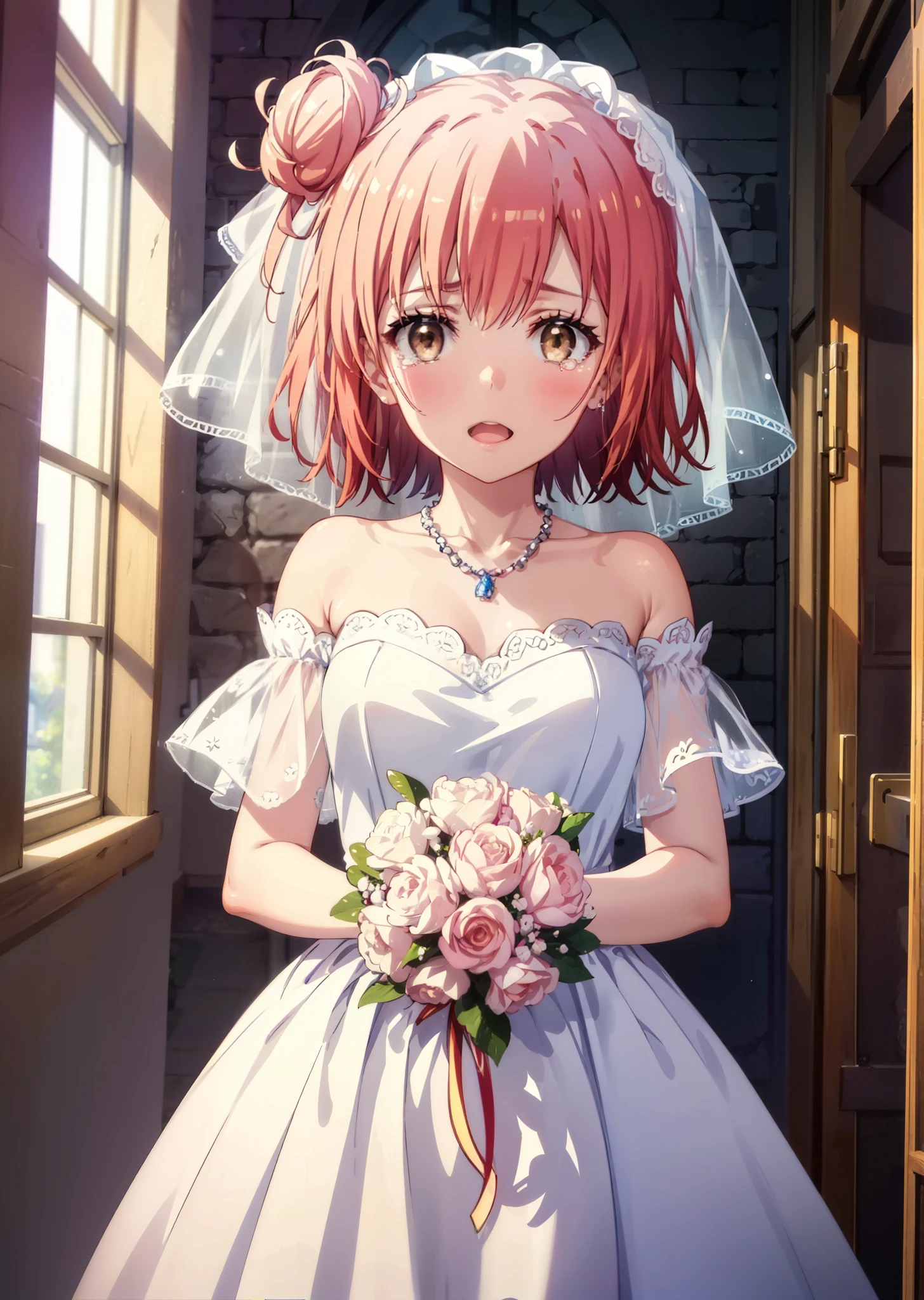 yuiyuigahama, yui yuigahama, Long Hair, (Brown eyes:1.5), (Pink Hair:1.2), Hair Bun, single Hair Bun, Tears stream down her face,Tears of joy,I cry a lot,Big Breasts,smile,blush,Open your mouth,Off-the-shoulder pink wedding dress,necklace,Expose your shoulders,bare clavicle,Bare neck,Pink wedding long skirt,Veil,bouquet,Holding a bouquet in both hands,Stained glass,whole bodyがイラストに入る,　　　　　　　　　　　break indoors, Chapel,Association,
break looking at viewer, whole body,(Cowboy Shot:1.5),
break (masterpiece:1.2), Highest quality, High resolution, unity 8k wallpaper, (shape:0.8), (Beautiful attention to detail:1.6), Highly detailed face, Perfect lighting, Highly detailed CG, (Perfect hands, Perfect Anatomy),