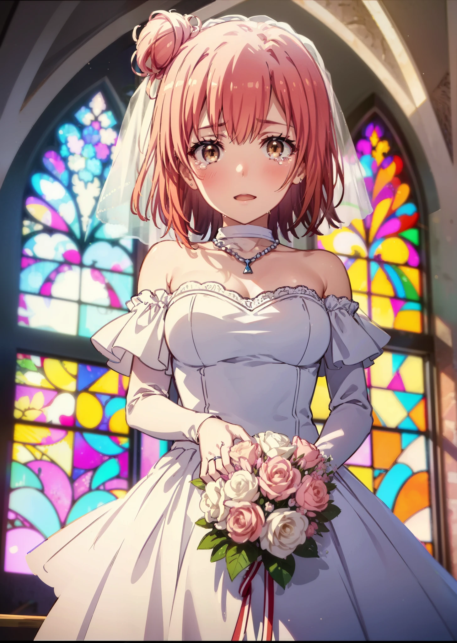 yuiyuigahama, yui yuigahama, Long Hair, (Brown eyes:1.5), (Pink Hair:1.2), Hair Bun, single Hair Bun, Tears stream down her face,Tears of joy,I cry a lot,Big Breasts,smile,blush,Open your mouth,Off-the-shoulder pink wedding dress,necklace,Expose your shoulders,bare clavicle,Bare neck,Pink wedding long skirt,Veil,bouquet,Holding a bouquet in both hands,Stained glass,whole bodyがイラストに入る,　　　　　　　　　　　break indoors, Chapel,Association,
break looking at viewer, whole body,(Cowboy Shot:1.5),
break (masterpiece:1.2), Highest quality, High resolution, unity 8k wallpaper, (shape:0.8), (Beautiful attention to detail:1.6), Highly detailed face, Perfect lighting, Highly detailed CG, (Perfect hands, Perfect Anatomy),