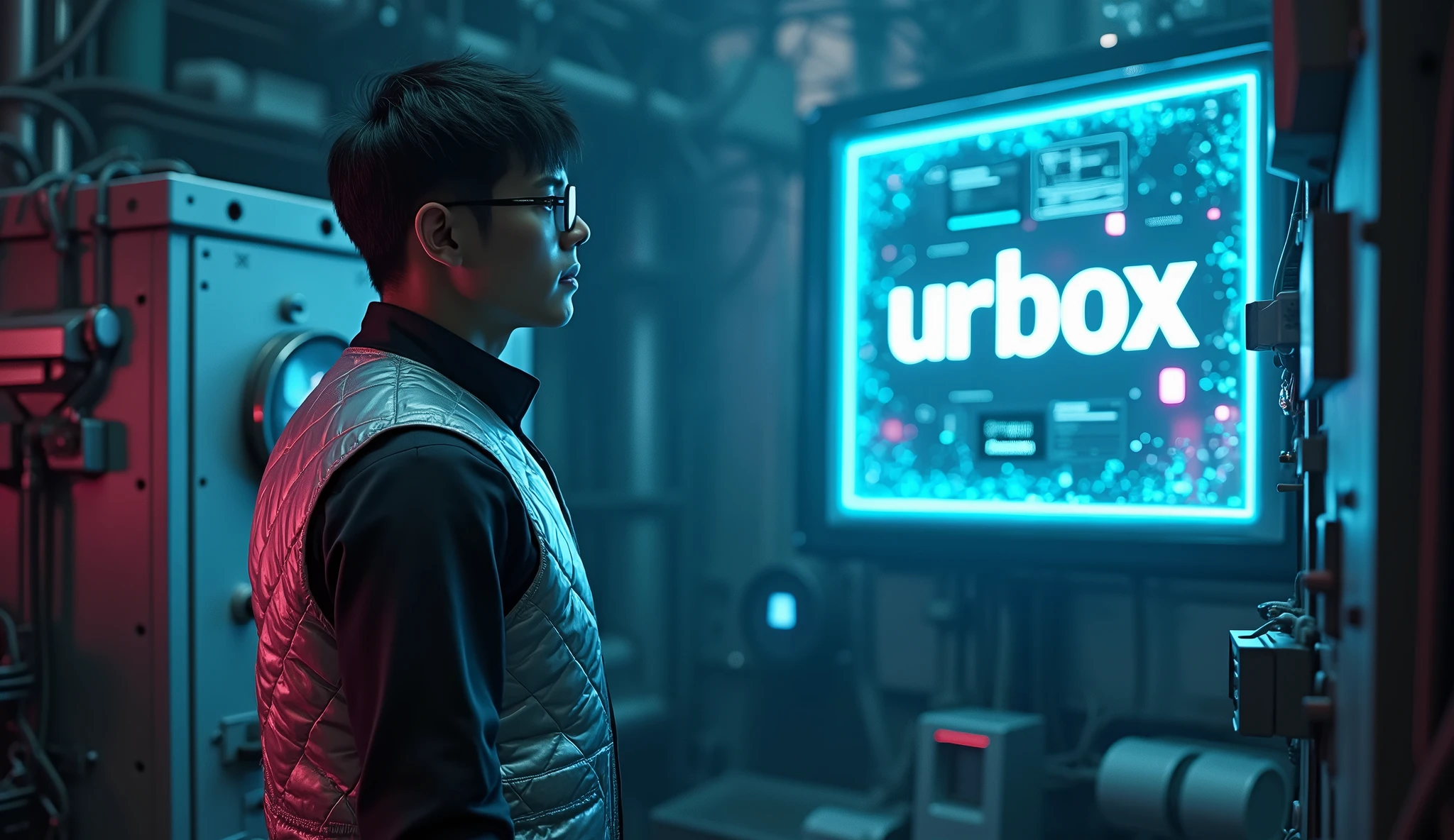 Asian male character stands in front of a square hologram logo with the words "UrBox", waiting for a sign of connection. Outfit: Silver tech vest, glasses. Setting: Narrow space, street full of robots and wires. Lighting: Cold blue and purple light fills the space. Effects: Large screen glows with a slight glitch effect. Special: Feeling of tension, waiting for change.