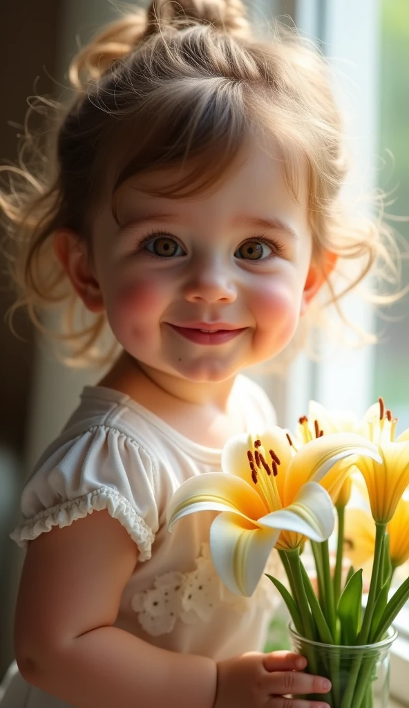 Create a UHD photorealistic image of a 24-months-old girl named Maëlys smiling softly. She has delicate, rosy cheeks, sitting among blooming flowers in a garden. Captured with a professional camera using a 50mm f/1.2 lens for a shallow depth of field, blurring the background and focusing on her elegant features. Ensure exactly five fingers, no 3D image, no animation, no Pixar animation.
