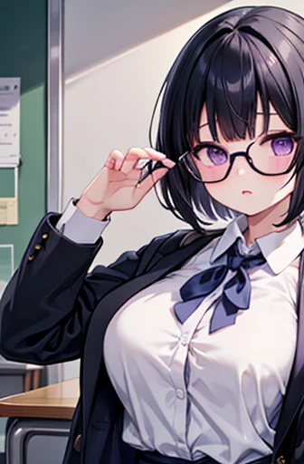 Elementary school girl, , Large Breasts Black Hair, Short Bob, Purple eyes Glasses (One person) Grey upper body bra Navy blue mini skirt Gray panties ' School locker room Are standing Black socks Dynamic Angle Athletic Shoes Low Angle