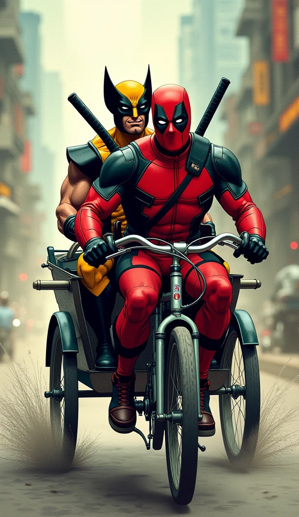 Deadpool, with a mischievous grin, pedals the rickshaw from behind, while Wolverine sits up front, his gaze sharp and claws at the ready. The ride feels surreal as Deadpool cracks jokes non-stop, treating it like a comedic adventure, while Wolverine, though outwardly calm, shows a hint of frustration amidst the chaos. The contrast between Deadpool’s endless humor and Wolverine’s stoic demeanor creates a bizarre yet heartwarming moment, where beneath all the craziness, a strong, unspoken bond of friendship is clearly felt.
