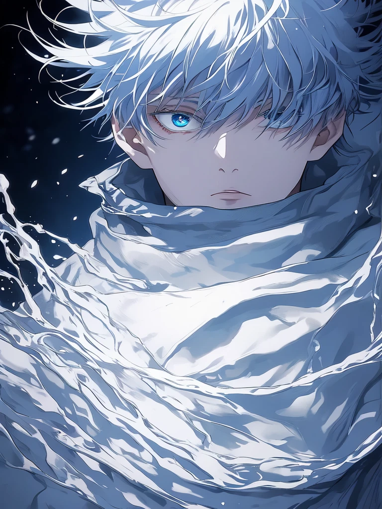 gojou satoru, 1boy, male focus, solo,  full body, blue eyes, blindfold, white hair, night, one eye covered, parted lips, high collar, looking at viewer, 
 